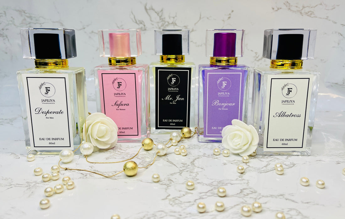Aesthetic perfume shelf display featuring various Jafiliya Fragrances bottles.